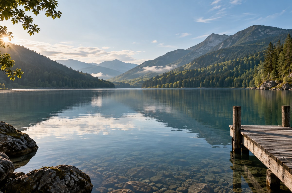 A calm lake with wooded hills and a small wooden jetty.